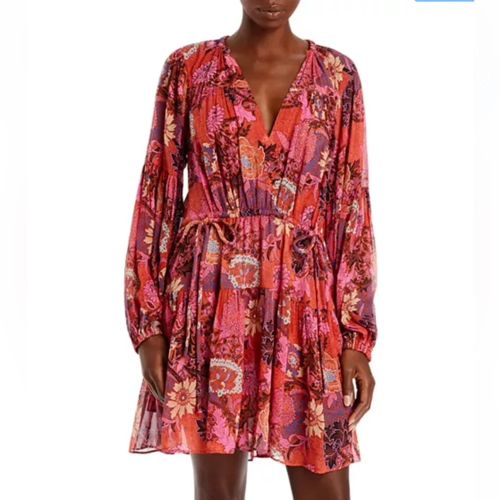 A.L.C. Elise 100% Silk Long Sleeve Mini Dress Pink Red Floral size 0 retail $550 - Picture 2 of 6